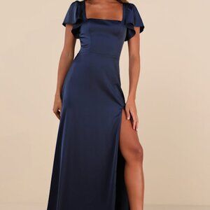 Lulu's Navy Blue Satin Maxi Bridesmaid Dress NWT